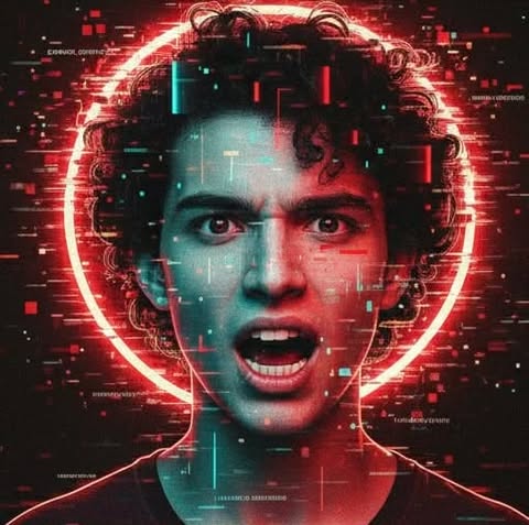 A person with an intense, angry expression surrounded by a glowing red digital halo and glitch effects.