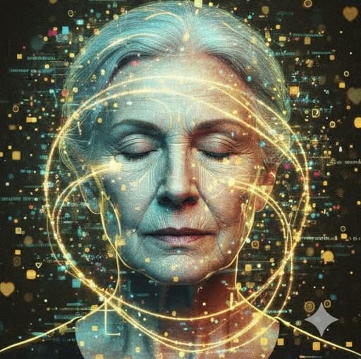 Older person with closed eyes surrounded by golden swirling particles and digital memory rings.